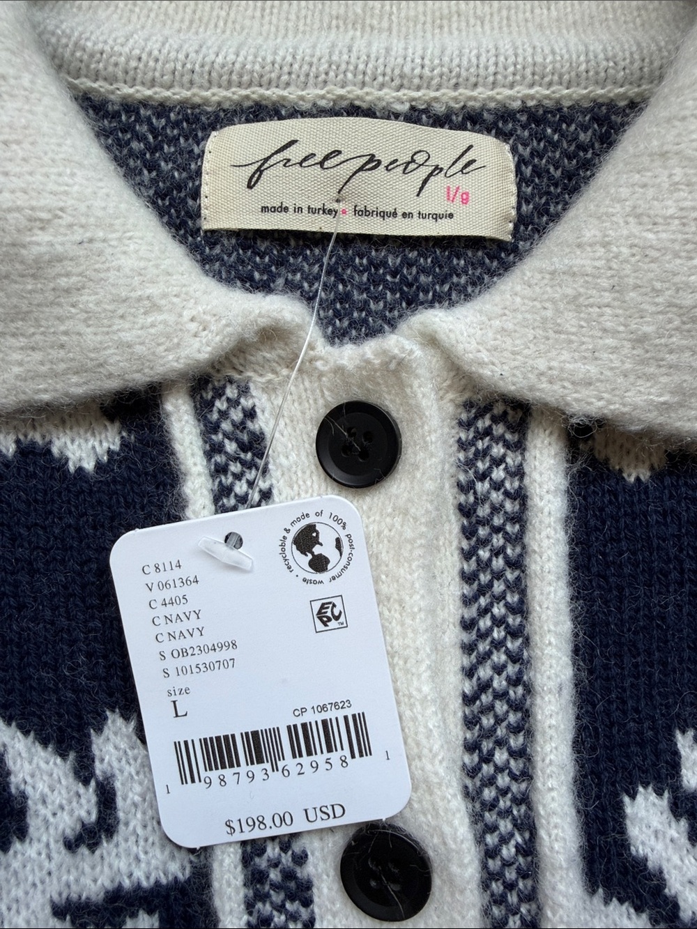 Free People Navy and Cream Button-Front Women’s Sweater - Picture 2 of 2